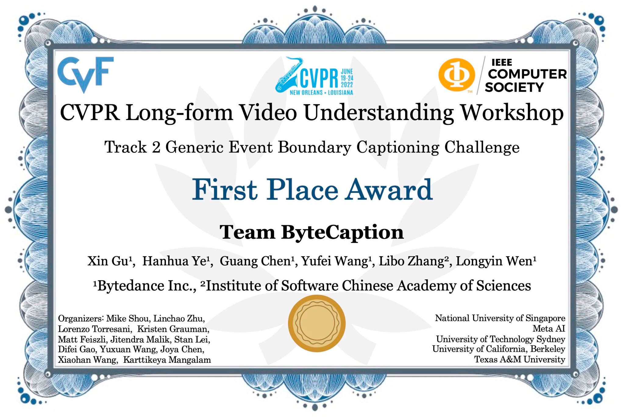 Award Certificate for CVPR’22 Competition